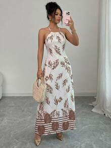 Sedessea Women's Leaf Print Split Design Casual Party Dress Summer Elegant - Multicolor - View 6