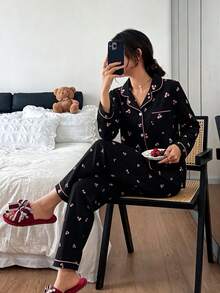 Dreamivo Bộ đồ ngủ dài tay in hình hoa anh đào màu hồng dành cho nữ - màu đen - Xem 4