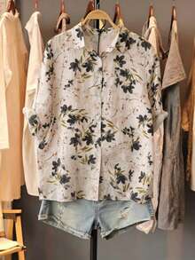 YUXIN Blusa de mujer con estilo francés, con estampado floral pequeño en negro, de cuello y manga 3/4, adecuada para ir al trabajo y de vacaciones, con ajuste transpirable y diseño artístico, para verano - Negro - Ver 3