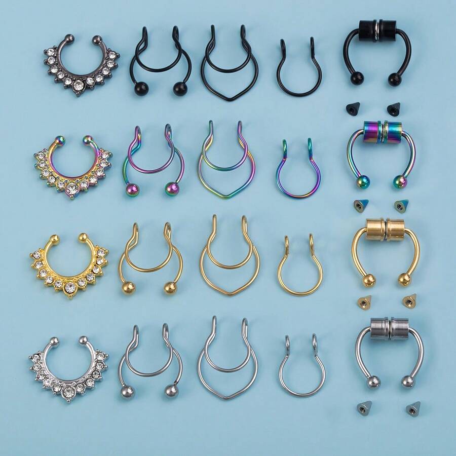 Bộ 5 khuyên mũi giả kiểu dáng hỗn hợp, làm từ thép không gỉ, kiểu dáng xoắn ốc phong cách Gothic sang trọng dành cho nữ, thích hợp cho mùa hè đi biển.