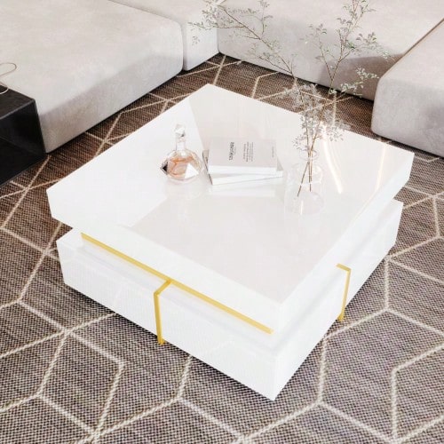Coffee Table, High-Gloss Living Room Table, Side Table With Drawers And Gold Accents - 白色 - 查看 1