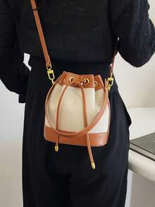 Bolso de cubo para mujer, bolso de hombro cruzado casual de paja con cordón - Marrón - Ver 7