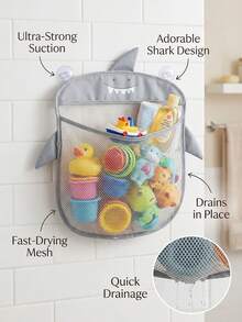 1个卡通鲨鱼浴室玩具收纳网袋，网状浴室收纳篮，多用途悬挂式收纳篮，适用于收纳浴室玩具和用品，可作为婴儿洗礼礼物、周岁生日派对用品、婴儿洗礼装饰、浴室配件等。 - 鯊魚 - 查看 1
