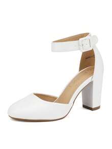 Women Heel Closed Toe Chunky High Heel Ankle Strap Wedding Party Comfortable Prom Cute Pumps Shoes - 白色 - 查看 5
