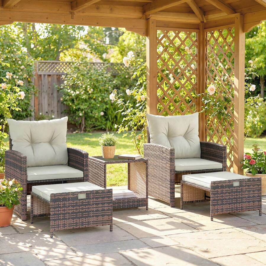Outsunny 5 Piece Patio Furniture Set, Wicker Patio Chairs With Ottomans, 2-Tier Glass Coffee Table, Cushions, Outdoor Furniture Conversation Set For Balcony, Brown/Cream White - 棕色 - 查看 1