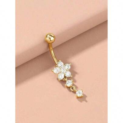 1pc Fashionable Stainless Steel Pave Tassel Flower Navel Piercing Ring, Women Body Jewelry Valentines