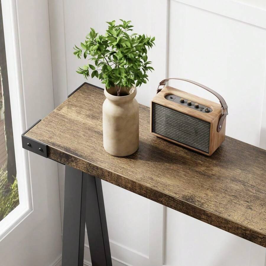 Mesa consola de dos niveles estilo rústico – Mesa auxiliar delgada y estrecha para entrada o junto al sofá – Estructura de metal resistente, estante de almacenamiento, patas en forma de V – Para sala de estar, pasillo, recibidor, dormitorio – Color vintage - 25 años de color retro - Ver 1