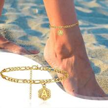 1pc Fashionable Personalized Letter A-C Hexagon Shaped Gold-Plated Chain Anklet, Suitable For Daily Wear, Outings, Beach Activities - Gold - View 1