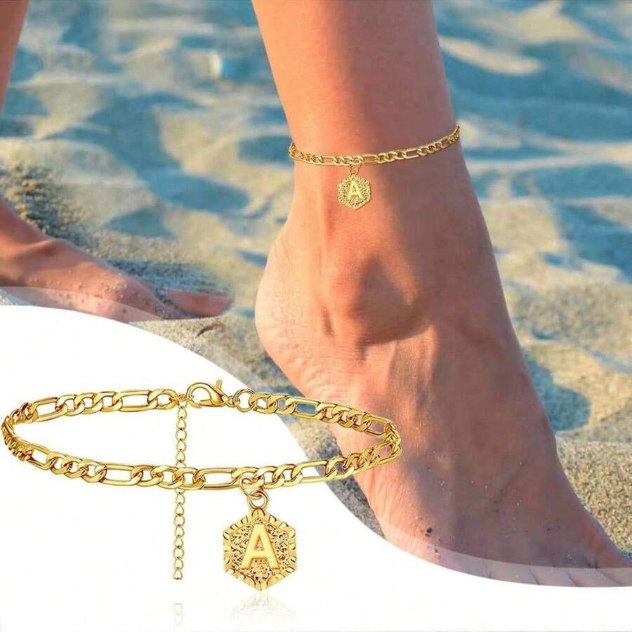 1pc Fashionable Personalized Letter A-C Hexagon Shaped Gold-Plated Chain Anklet, Suitable For Daily Wear, Outings, Beach Activities - Gold - View 1