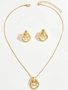 3pcs Elegant Autumn/Winter Jewelry Set: Geometric Double-Ring Pendant Necklace With Flat Snake Chain & Round Snake Chain Layered Choker, Fashionable Minimalist Metal Style, Suitable For Casual, Vacation, Exquisite & Versatile Accessory - Yellow Gold - View 4