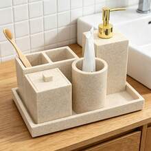 6pcs Resin Bathroom Accessory Set, Modern Farmhouse Style, Includes Toothbrush Holder, Soap Dispenser, Tray, Tumbler, Cotton Swab Holder, Sandstone Color - Sand Color - View 6