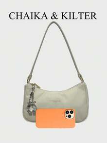 Y2K 女士米白色尼龙腋下单肩包，配有可爱耳机吊坠，休闲拉链单肩包，适合日常出行通勤。 - 白色 - 查看 3