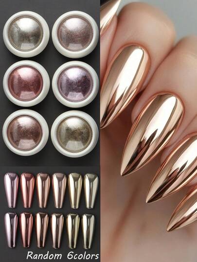 6色套装镜面粉，超亮铬美人鱼美甲粉，镜面金属摩擦粉，适合节日DIY美甲、美甲宝石、美甲用品、秋冬美甲粉、大地色系美甲粉