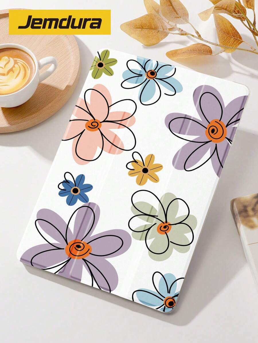 1pc Stripe Floral Pattern Tablet Case, Anti-Fall, With Pencil Holder, Sleep/Wake Function, Compatible With Samsung, Huawei, Xiaomi And Ipad - Multicolor - View 1