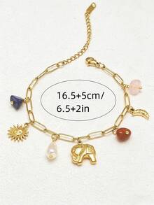 1pc 18K Gold Plated Stainless Steel Women's Bracelet, Ins Style, Paperclip Chain, Elephant, Moon, Sun, Pearl, Natural Stone Decor, Colorful Bracelet, Women's Jewelry, Stainless Steel Bracelet, Delicate Gift, Elegant Bracelet, Bohemian Style - Titanium Steel Bracelet - View 3