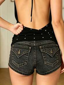 Women Denim Shorts, Vintage Low Waist Slim Fit Casual Shorts Summer Daily Streetwear - Dark Grey - View 6