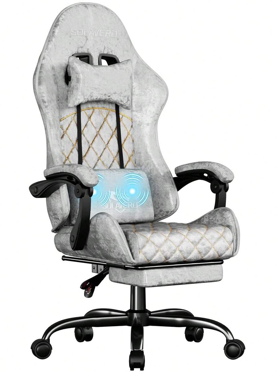 HLDIRECT Gaming Chair With Massage Lumbar Pillow, Breathable Felt Fabric, 90-135° Reclining, Linkage Armrests, Footrest, Ergonomic Office Chair For Adults - 銀色 - 查看 1