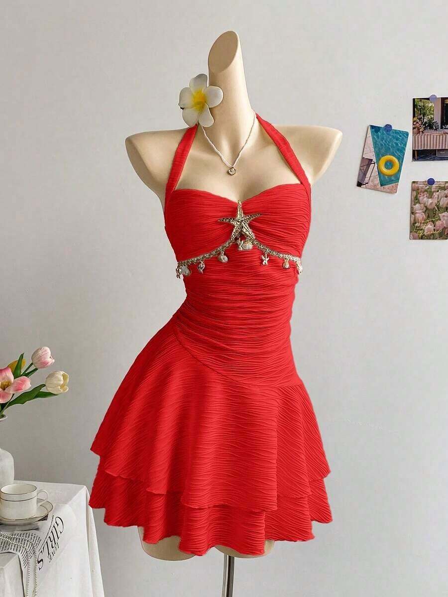 2026 Textured Knit Mini Dress With V-Neck Ruffles, Starfish And Shell Decoration, Metal Buckle, Suitable For Christmas, Date, Club, Bohemian Style, Holiday, Autumn, Vintage, Party For Women - Army Green - View 1