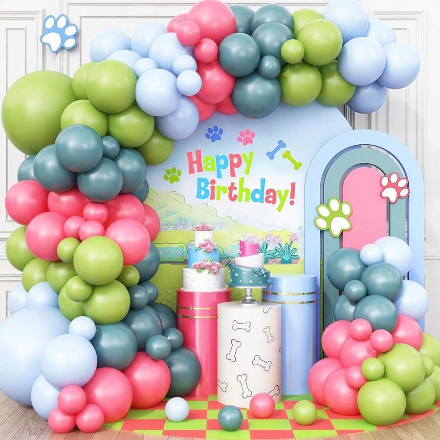 122个蓝色气球拱门花环套装,狗狗爪印主题生日派对气球,包含浅蓝色、红色和青柠绿色乳胶气球。非常适合蓝色小狗主题派对和爪印动物主题派对装饰。 - 多色 - 查看 1