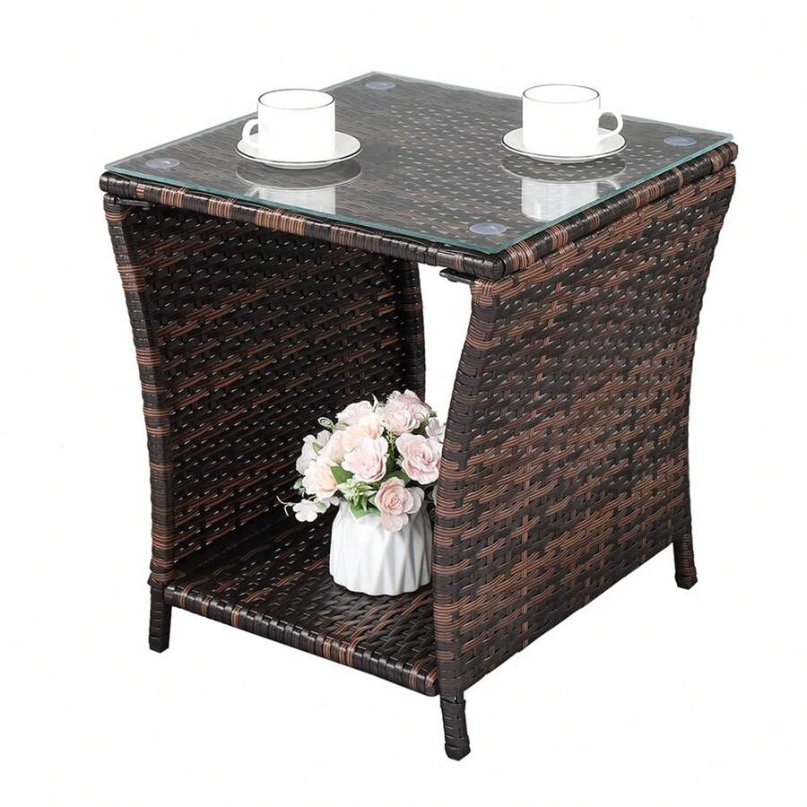 Small Garden Table, Rattan Patio Table With Glass Top & Shelf Under, Weatherproof For Indoor Outdoor, 46x46x50cm Brown - 棕色 - 查看 1
