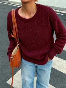 1 Pc Mohair (Angora) Women's Long Sleeve Blouse, Thick, Printed, Plain, Holiday, Vacation, Office, Daily, Autumn, Winter - 酒紅色 - 查看 1