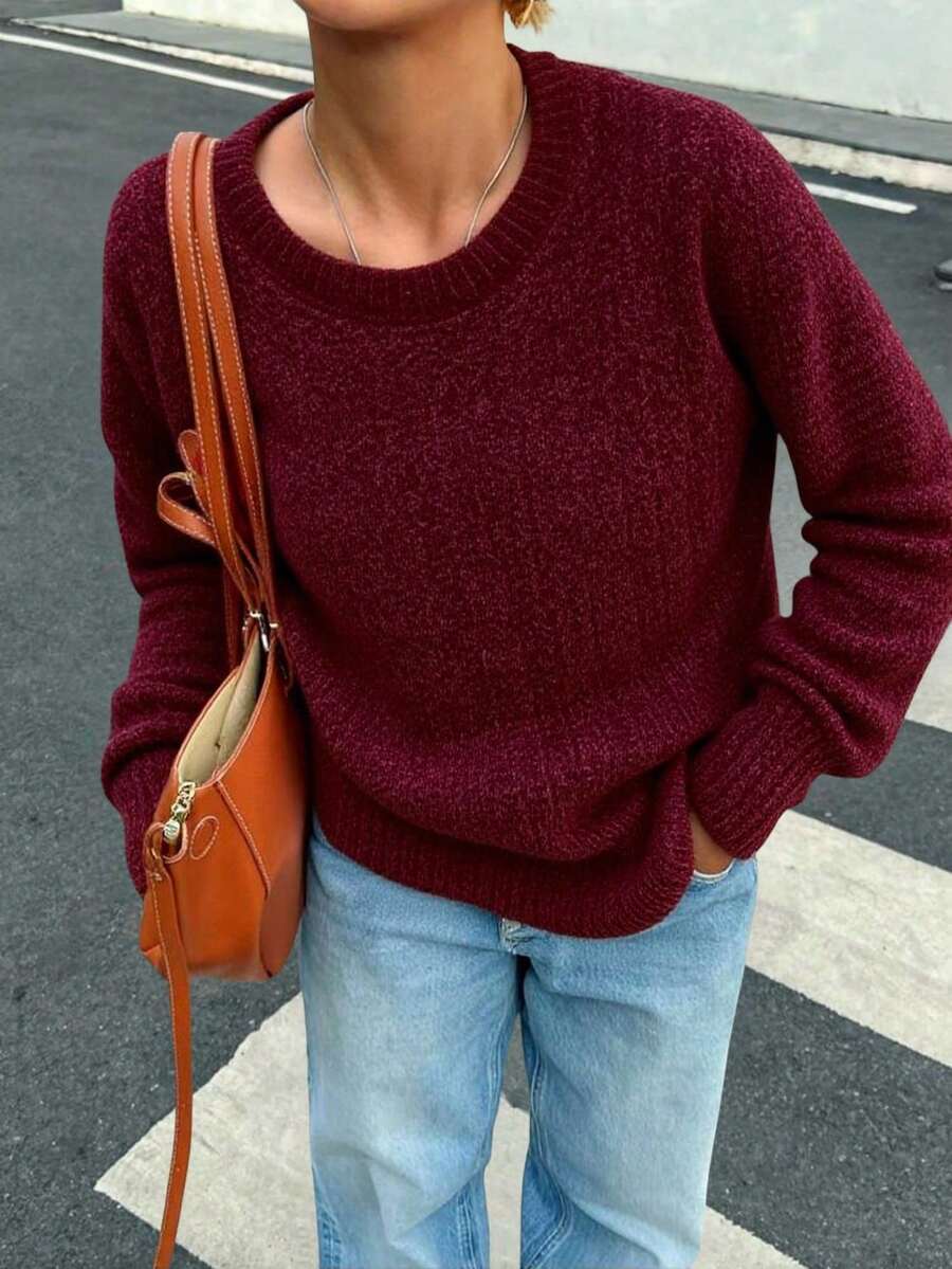 1 Pc Mohair (Angora) Women's Long Sleeve Blouse, Thick, Printed, Plain, Holiday, Vacation, Office, Daily, Autumn, Winter - 酒紅色 - 查看 1