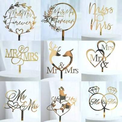 9pcs/Set, MR&MRS Love Wedding Proposal Acrylic Cake Decor Cake Topper Card Couple Cake Decoration