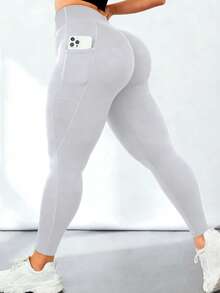 Quần legging thể thao nữ cỡ lớn mới, chất liệu mềm mại, cạp cao, co giãn tốt, thích hợp mặc hàng ngày, đi xe đạp ngoài trời, màu trơn có túi, thích hợp cho tập yoga. - Màu Xám nhạt - Xem 3