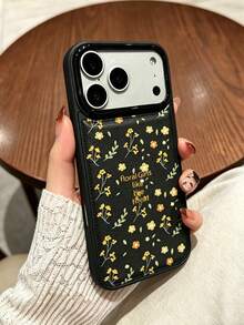 Fashionable Shock-Proof Floral Element Black Phone Case, Floral Ins Style, Fresh Floral Pattern Anti-Slip Anti-Fall Anti-Shock Lightweight Durable, Compatible With IPhone 17/17Pro/17ProMax/16/16Pro/16ProMax/15/15Pro/15ProMax/14/13/12/11, Creative Phone Case, Anti-Fall Spring Gift - Black - View 3