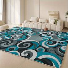An Abstract Swirl Pattern Carpet In Blue, Gray, And White, Modern Art Style, Perfect For Home Or Office Decor, Ideal Holiday Gift, Creates A Warm Atmosphere, Perfect For Christmas, Home Decoration, Holiday Decoration, Art Decoration, Fabric, Decorative Floor Mat, Suitable For Office Workers. - 1PC - View 12