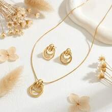 3pcs Elegant Autumn/Winter Jewelry Set: Geometric Double-Ring Pendant Necklace With Flat Snake Chain & Round Snake Chain Layered Choker, Fashionable Minimalist Metal Style, Suitable For Casual, Vacation, Exquisite & Versatile Accessory - Yellow Gold - View 5