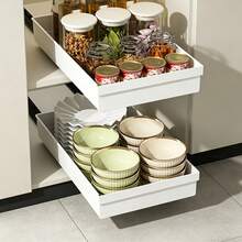 Sliding Storage Cabinet - Expandable Steel Storage Drawers, Nano Glue Strips For Fixation, Space-Saving, Adjustable, Durable, Easy Installation, Kitchen And Living Room Food Storage Rack With Sliding Track - White - View 4
