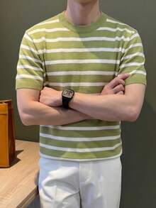 Whitmere Men's Stylish Contrast Color Striped Knit Sweater - Urban Minimalist Round Neck Short Sleeve Top, Breathable Summer Knit T-Shirt - Lime Green - View 3