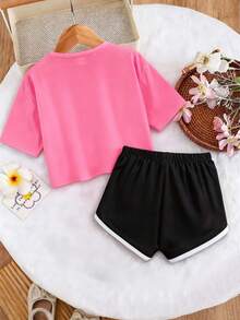 1 Set Suitable For Teenage Girls, Round Neck Short Sleeve Printed T-Shirt And Sports Shorts Set, Text Graphic Print, Comfortable Minimalist Design, Suitable For Spring And Summer - Multicolor - View 2