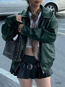 Edgy Biker Casual Loose Long Sleeve Leather Jacket For Women, Autumn/Winter Fall Cloth For Women - Dark Green - View 3