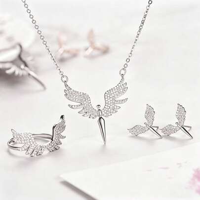 4pcs Titanium Steel Angel Wing Pendant Necklace Set, Diamond Decor Clavicle Necklace Gift For Girlfriend/Wife