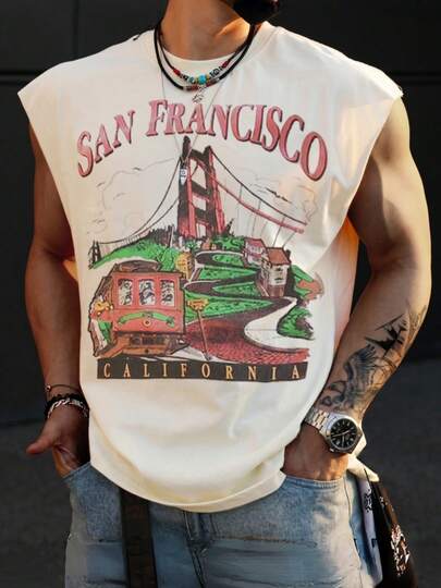  Fractyr 男士前后印花“旧金山加利福尼亚”复古城市图案无袖背心，柔软触感复古宽松肌肉背心，90 年代街头休闲夏季背心