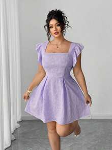 Vestido de verano de talla grande para mujer, con cintura ceñida, volantes en las mangas y estampado jacquard de unicolor, elegante estilo vacacional - Morado - Ver 3