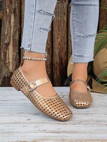 2026 Spring/Summer New Preppy Style Hollow-Out Rhinestone Buckle Shoes, Soft Leather Strap Hollow Round Toe Ballet Shoes For Women - Rose Gold - View 4