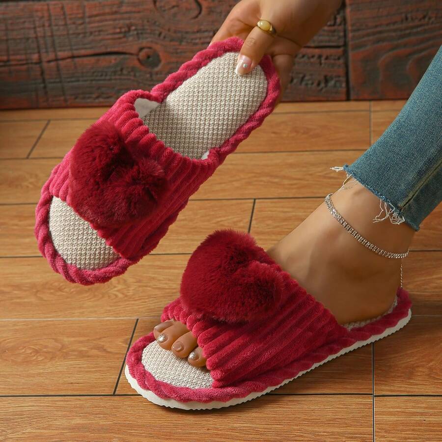 Women's Summer Open Toe Heart-Shaped Striped Indoor Slippers, Linen Absorbent Breathable Bedroom Flat Sandals