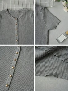 French Elegant Metal Half-Button V-Neck Short Sleeve Knit Top, Spring/Summer Design Sense Slim Fit Chic Versatile Tee For Women - Grey - View 10