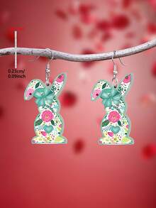 一对2D扁平兔子和花卉图案亚克力吊坠耳环，可爱简约风格首饰配饰，适合日常佩戴和度假 - 彩色 - 查看 1