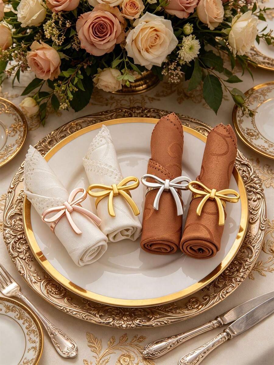 1pc/4pcs Elegant Bow Napkin Rings, Hotel Restaurant Tabletop Decor Napkin Rings, Suitable For Weddings, Graduation Parties, Birthday Parties, Banquets, Available In Gold, Silver, Rose Gold And Matte Gold, Fashionable Elegant Metal Napkin Rings