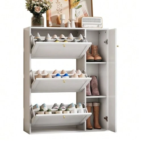 Meuble à chaussures à 3 compartiments et 1 porte, étagère à chaussures étroite, coffre de rangement à chaussures avec séparateurs réglables, étagère à chaussures autoportante pour entrée/salon, blanc, 90 x 25 x 114 cm - Blanc - Voir 1