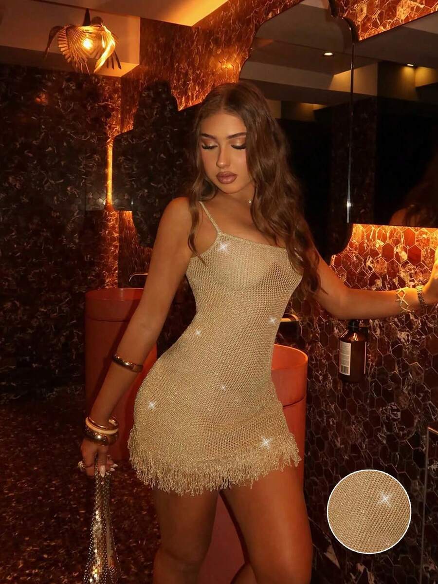 女士夏季新款镂空亮金线拼接流苏性感沙滩度假连衣裙，适合约会、派对、晚宴等场合，吊带夏季连衣裙 - 金色 - 查看 1