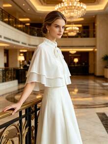 New White Double-Layer Chiffon Shawl, Wedding Bridal Gown Outerwear, Stand Collar Ruffle Trim Bow Tie Short Cape, Bridesmaid Evening Dress Wrap, Lightweight Breathable Sun Protection Shawl For Summer Wedding, Party, Photo Shoot, Versatile For Various Occasions Like Wedding, Banquet, Party, Cosplay, Theme Events - White - View 4