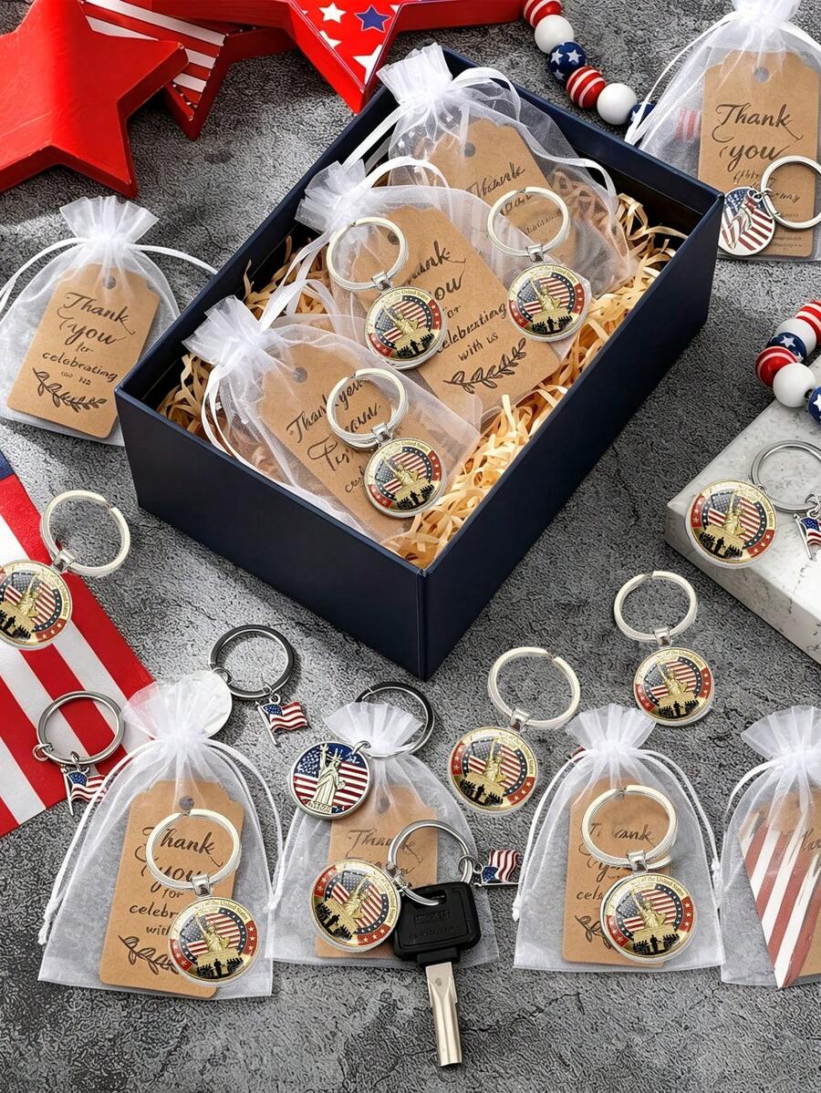 12/3pcs USA 250th Independence Anniversary Keychain Set, Statue Of Liberty Design With Thank You Card And Organza Bag, Independence Day Small Gift, Memorial Keychain Set, Theme Party Favor, Suitable For USA Founding Anniversary Gift, Independence Day Small Gift, Precious Collection For Enthusiasts - Independence Day Edition - View 1