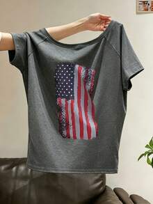 Áo thun nữ tay ngắn dáng ôm, màu xám, kiểu dáng hở vai, chất liệu polyester, in hình cờ Mỹ kiểu cũ, độ co giãn cao, phù hợp mặc đi làm hàng ngày vào mùa hè. - Xám - Xem 14