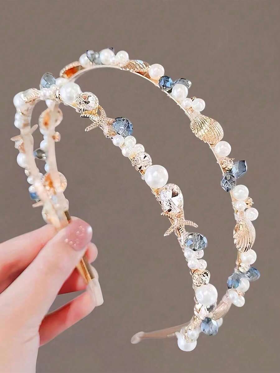 1pc Vintage Pearl Crystal Headband, Simple Elegant Shell Hair Accessory, Sweet Hair Clip Headband - Multicolor - View 1