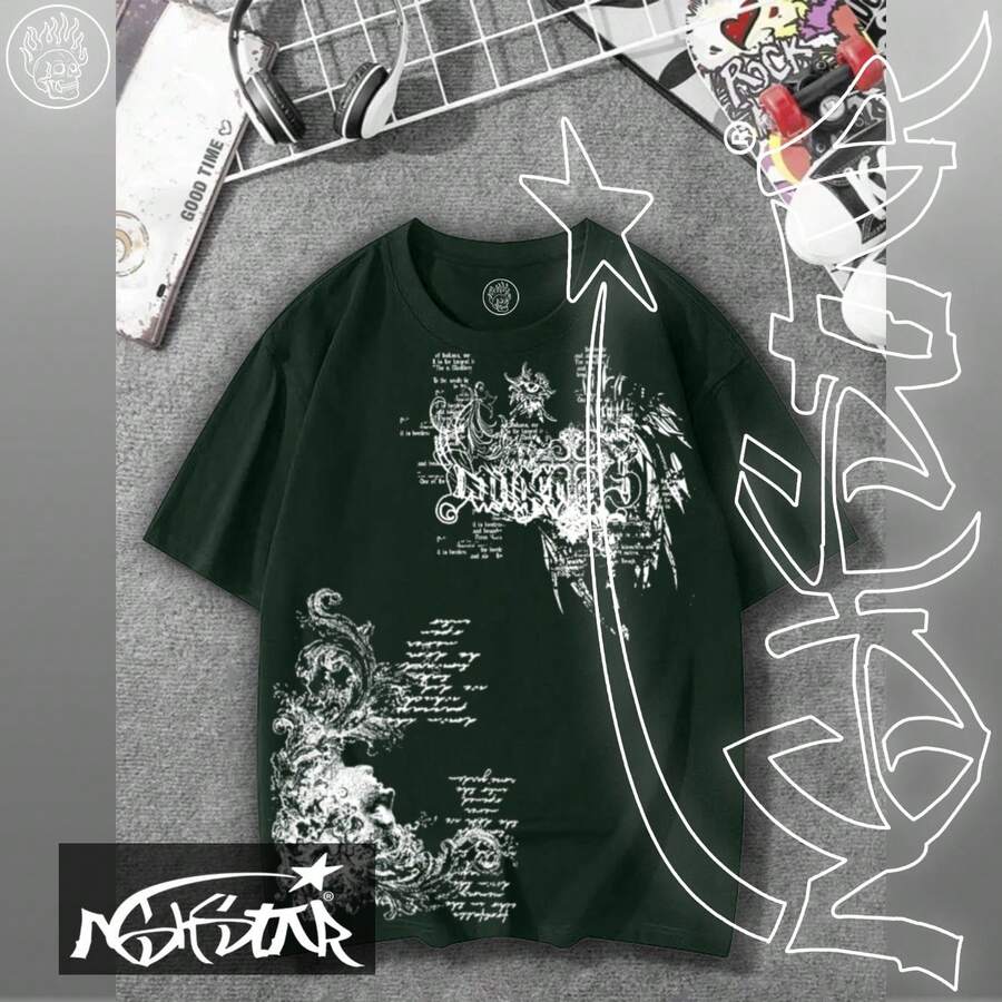 Premium 100% Cotton T-Shirt ASHSTAR "Gothic Y2K" - 墨綠色 - 查看 1